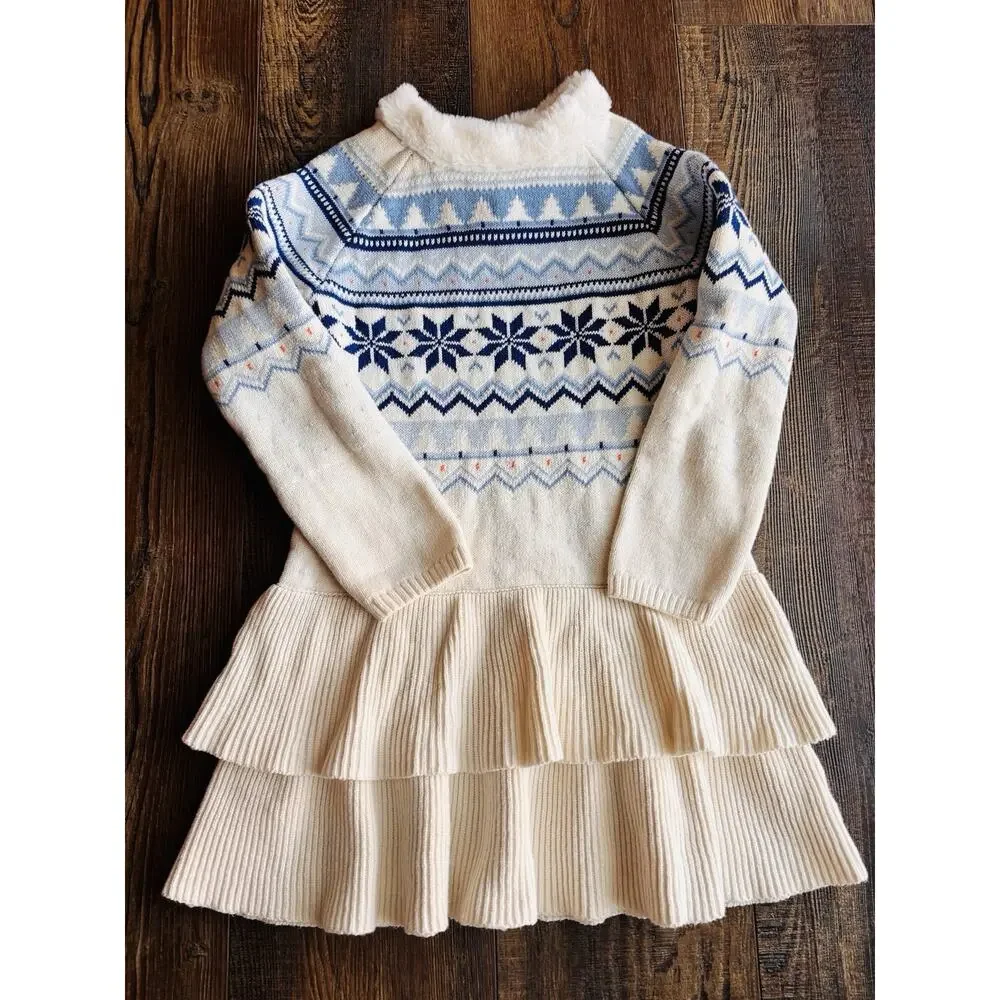 GYMBOREE Fair Isle Sweater Dress Tiered Snowflake Christmas Tree Fur Girls 7